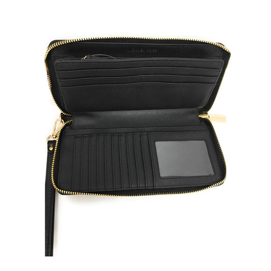 Michael Kors Jet Set Continental Pebbled Leather Zip Around Wallet with Wristlet - Black Gold