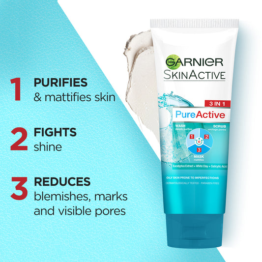 Garnier Skin Active 3-in-1 Clay Face Wash Mask Scrub 50ml